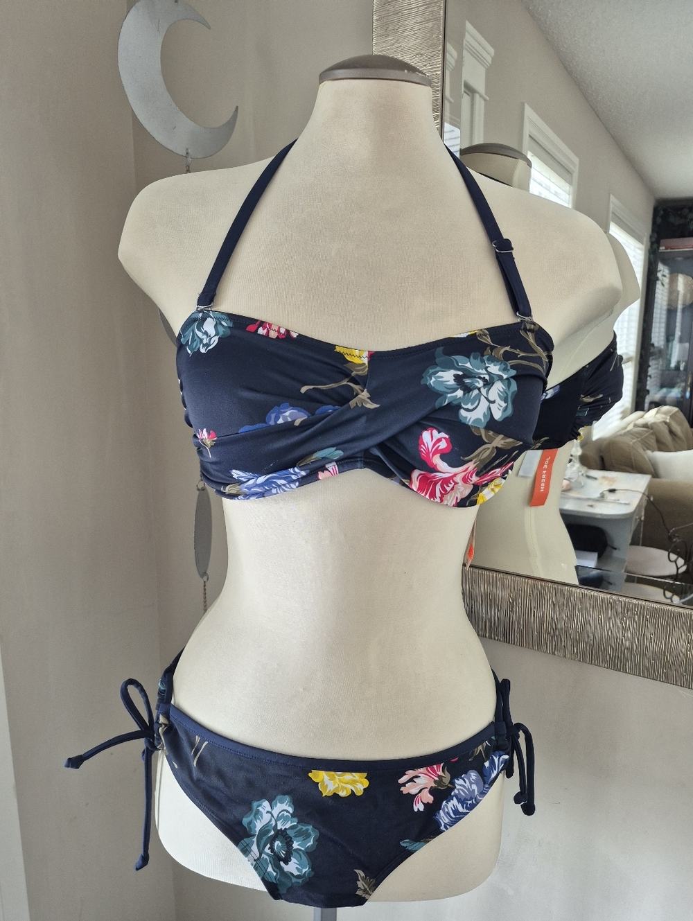 Joe Fresh Navy Floral Twist Bandeau Bikini with Tie-Side Bottoms